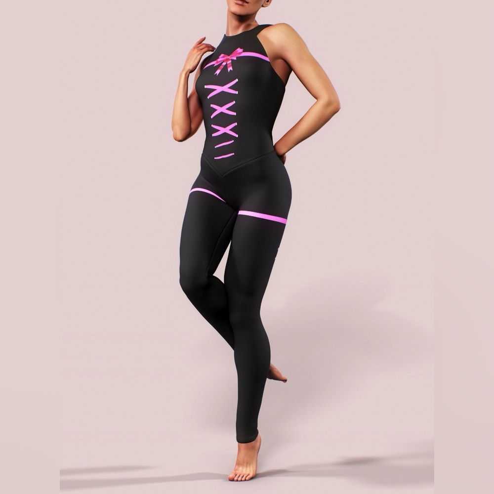 Pink ribbon Catsuit Black with pink ribbon details